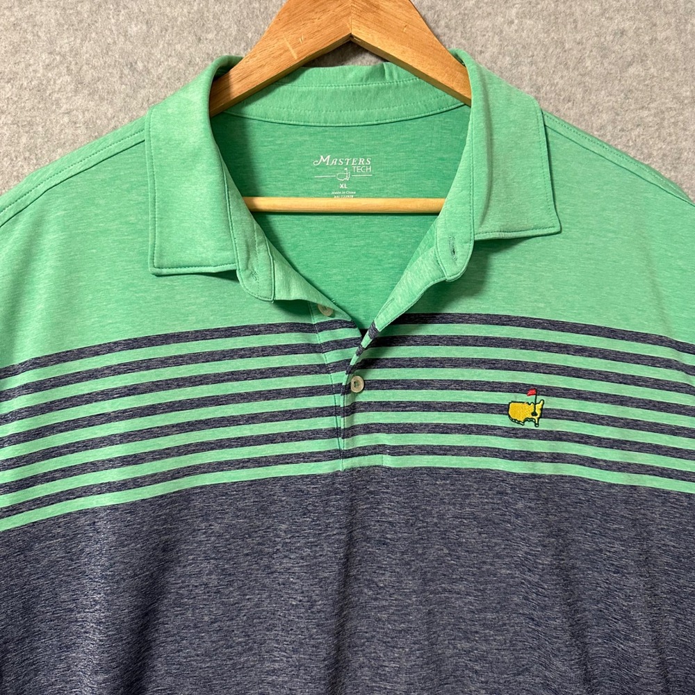Masters Tech Polo Shirt Mens XL Green Navy Blue Striped Logo Golf Performance